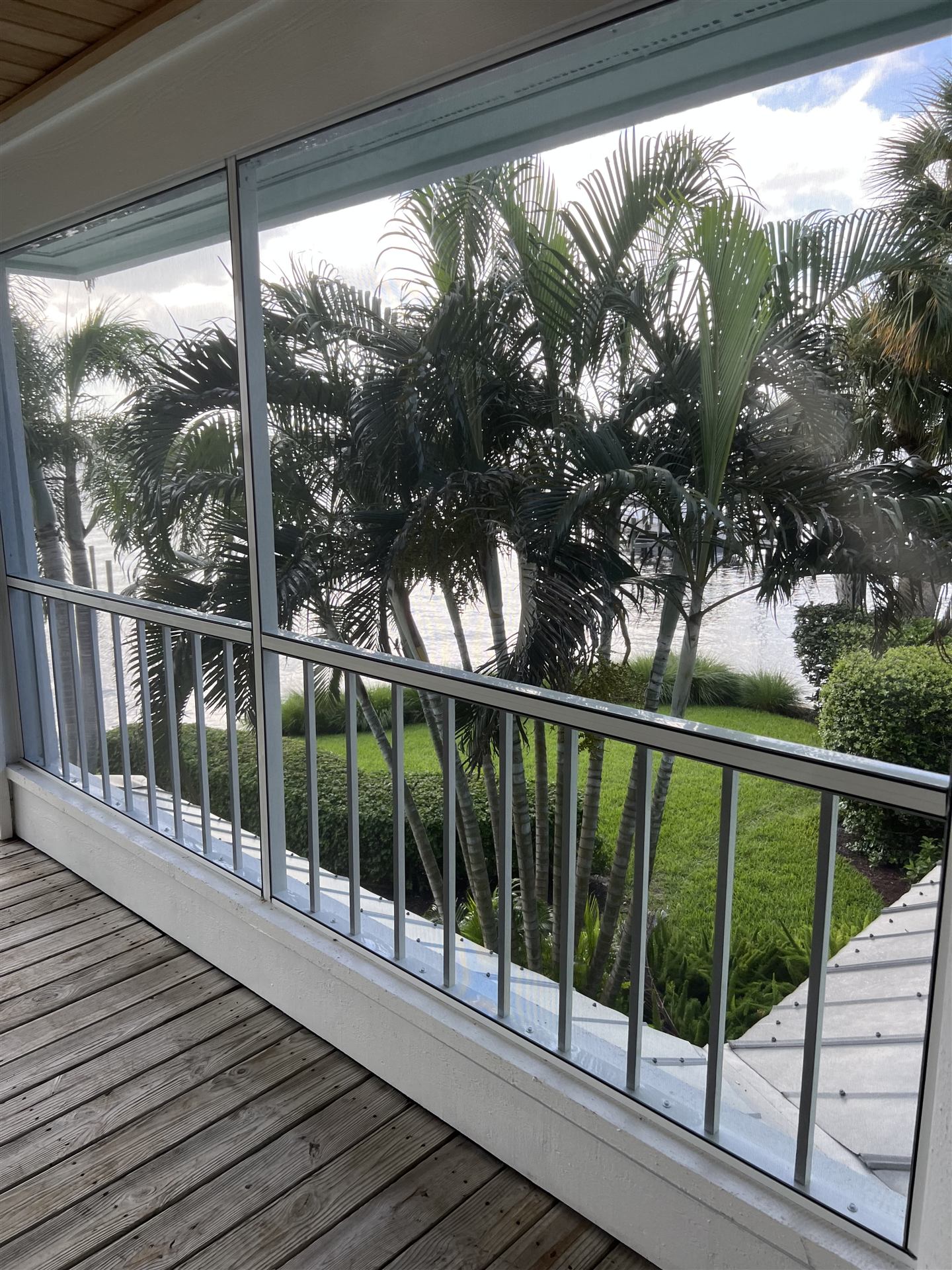 Close-up of retractable screen mesh with a palm tree view